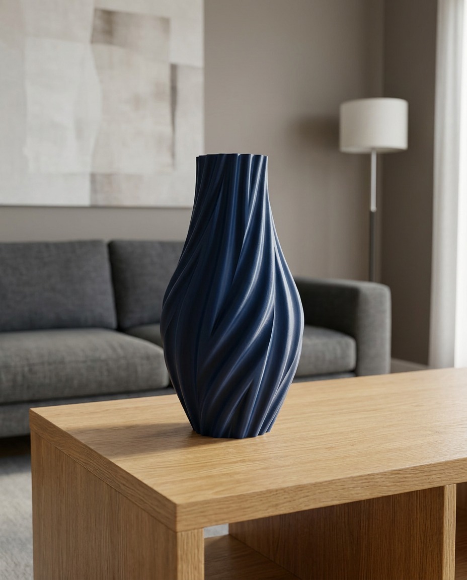 Vaso ARLO blu stampato in 3D con nervature a spirale su tavolino in rovere