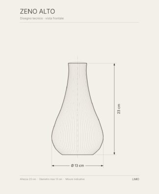 Disegno tecnico del vaso ZENO Alto: vista frontale con altezza e diametro in centimetri
