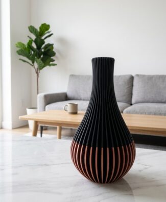 Vaso ZENO Alto bicolore rame e nero stampato in 3D su tavolo in marmo in un living