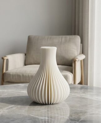 Vaso ZENO bianco su tavolino in marmo grigio con poltrona sullo sfondo